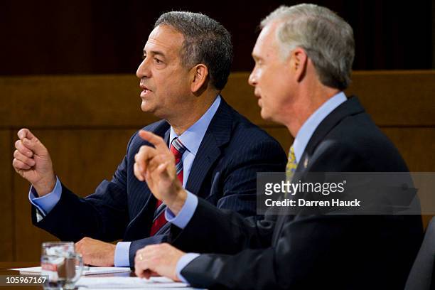 Senator Russ Feingold and Republican candidate Ron Johnson discuss topics as they take part in the Senatorial debate held at Marquette University Law...