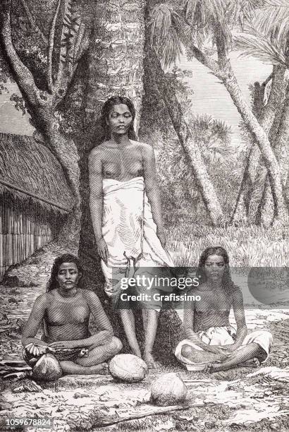 frauen in traditioneller kleidung tahiti polynesien 1870 abbildung - tahiti stock-grafiken, -clipart, -cartoons und -symbole