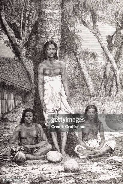 women in traditional clothing tahiti polynesia 1870 illustration - polynesia stock illustrations