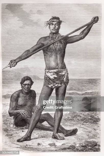 männer angeln in tahiti polynesien 1870 abbildung - tahiti stock-grafiken, -clipart, -cartoons und -symbole