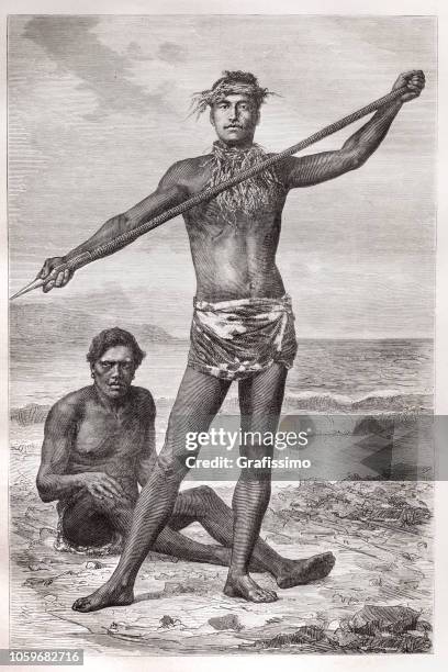 stockillustraties, clipart, cartoons en iconen met mannen vissen in tahiti, polynesië 1870 illustratie - polynesische etniciteit
