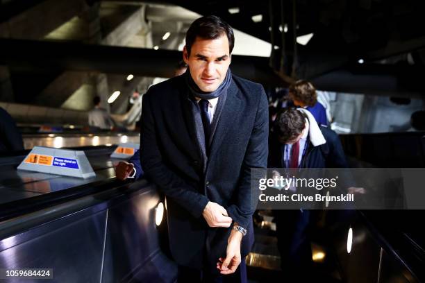 Roger Federer preparing to take the London Underground en route to the Nitto ATP Finals Official Launch presented by Moet & Chandon at London's...