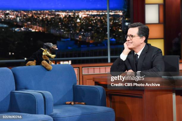 The Late Show with Stephen Colbert and guest Triumph the Insult Comic Dog during Friday's November 9, 2018 show.