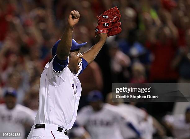 Neftali Feliz of the Texas Rangers celebrates after defeating the New York Yankees 6-1 in Game Six of the ALCS to advance to the World Series during...