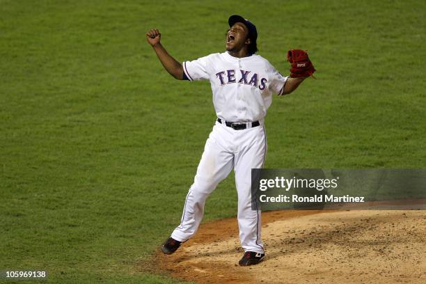 Neftali Feliz of the Texas Rangers celebrates after defeating the New York Yankees 6-1 in Game Six of the ALCS during the 2010 MLB Playoffs at...