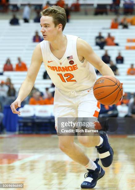 Brendan Paul of the Syracuse Orange controls the ball against the St. Rose Golden Knights during the second half at the Carrier Dome on October 25,...