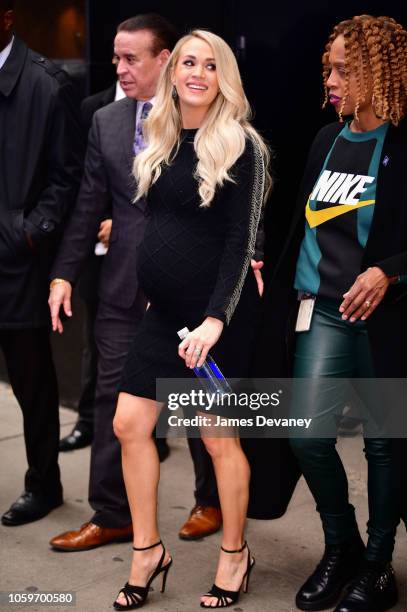 Carrie Underwood is seen leaving ABC's "Good Morning America" in Times Square on November 9, 2018 in New York City.