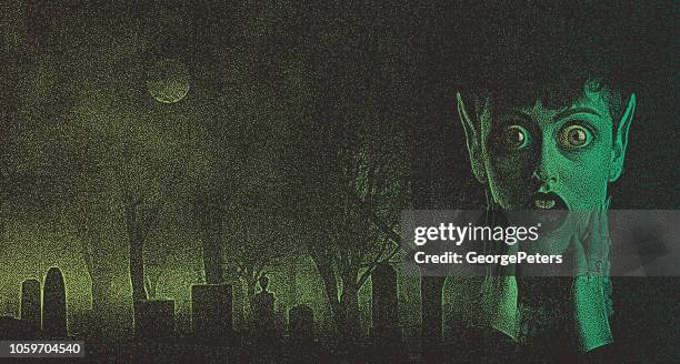 beängstigend frau monster mit schockiert ausdruck in gruseligen friedhof - nebel stock-grafiken, -clipart, -cartoons und -symbole