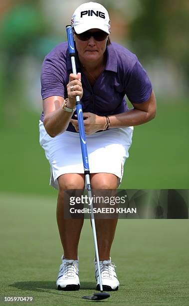 Maria Hjorth of Sweden lines up her putt on the 3rd hole during the second round of the Sime Darby LPGA Malaysia 2010 golf tournament at Kuala Lumpur...