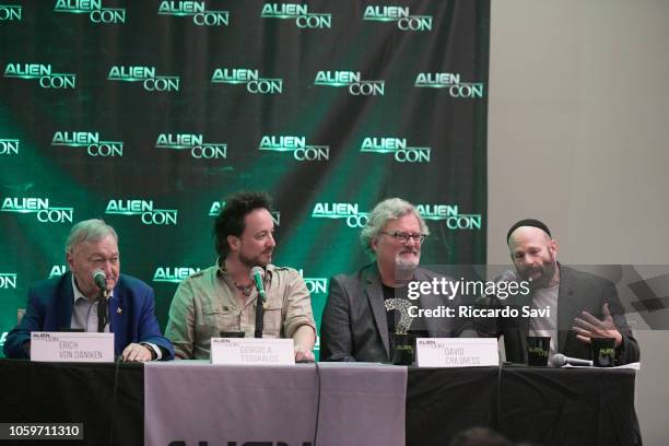 Erich von Daniken, Giorgio A. Tsoukalos, David Childress and Rabbi Ariel B. Tzadok speak onstage at the Exclusive Gold Pass Session panel during Day...