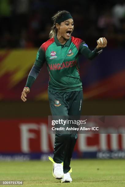 Jahanara Alam of Bangladesh celebrates catching Kycia Knight of Windies at Providence Stadium on November 9, 2018 in Providence, Guyana.