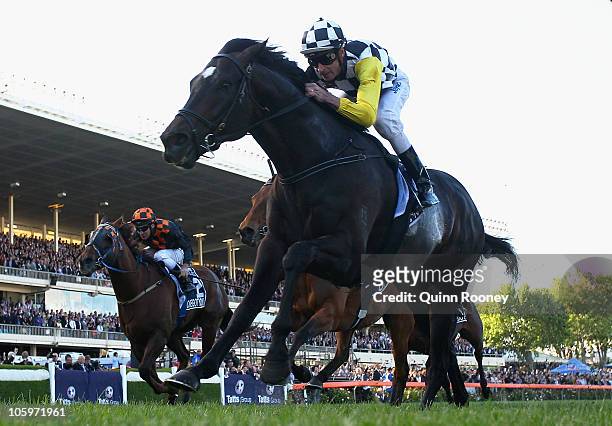 Jockey Steven Arnold riding So You Think wins Race Eight the Tatts Cox Plate during Cox Plate Day at Moonee Valley Racecourse on October 23, 2010 in...