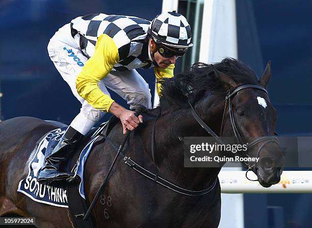 Jockey Steven Arnold riding So You Think wins Race Eight the Tatts Cox Plate during Cox Plate Day at Moonee Valley Racecourse on October 23, 2010 in...