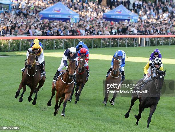Jockey Steven Arnold riding So You Think wins the 2010 Tatts Cox Plate during Cox Plate Day at Moonee Valley Racecourse on October 23, 2010 in...