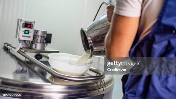 quesero, verter la leche en una elemento de calefacción del acero inoxidable - dairy product fotografías e imágenes de stock