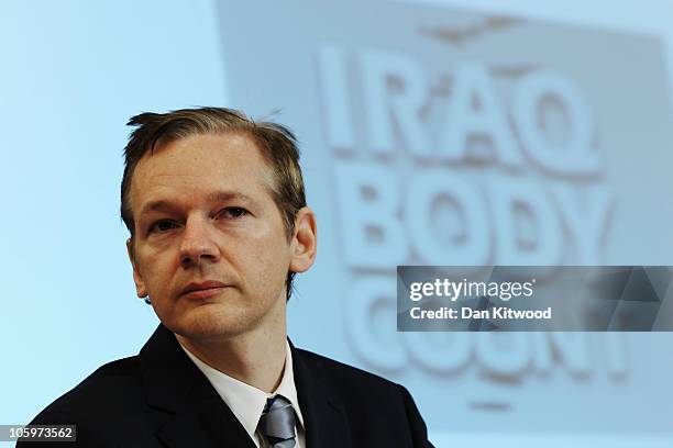 Wikileaks founder Julian Assange holds a press conference at Park Plaza Hotel on October 23, 2010 in London, England. A series of new leaks of...