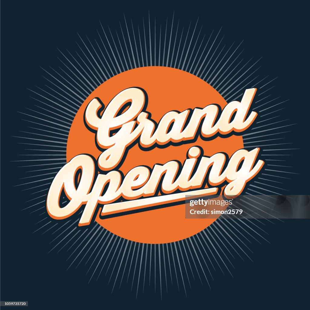 Grand Opening banner design with color starburst background.
