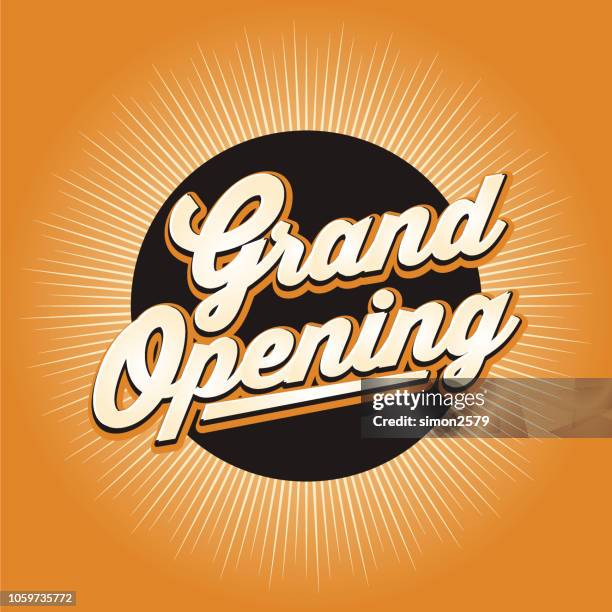 stockillustraties, clipart, cartoons en iconen met grand opening spandoekontwerp met starburst achtergrondkleur. - openingsceremonie