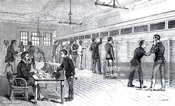 telephone office of the stock exchange in new york - vintage stock exchange stock illustrations