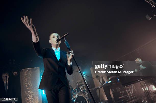 Theo Hutchcraft and Adam Anderson of Hurts perform on stage at Theaterfabrik on October 22, 2010 in Munich, Germany.