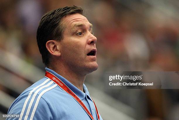 Head coach Alfred Gislason of Kiel looks on during the Toyota Handball Bundesliga match between HSG Ahlen-Hamm and THW Kiel at the Maxipark Arena on...