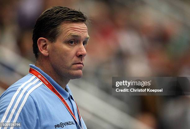 Head coach Alfred Gislason of Kiel looks on during the Toyota Handball Bundesliga match between HSG Ahlen-Hamm and THW Kiel at the Maxipark Arena on...