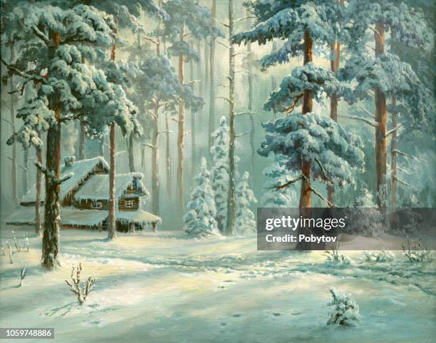 oil painted winter forest - cottage stock illustrations