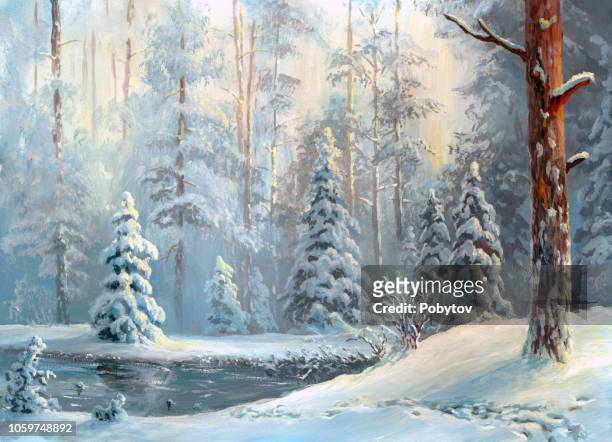 oil painted winter forest - snowy forest stock illustrations