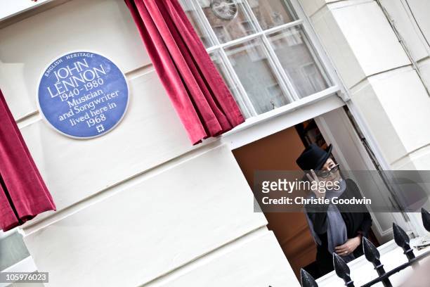 Yoko Ono unveils an English Heritage blue plaque at 34 Montagu Square, which in 1968 was the first home Yoko Ono shared with John Lennon while...