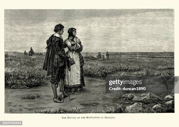 pilgrims watching the return of the mayflower to england - pilgrims stock illustrations