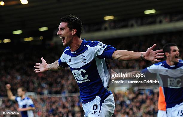 Liam Ridgewell of Birmingham City celebrates his first half goal during the Barclays Premier League match between Birmingham City and Blackpool at St...