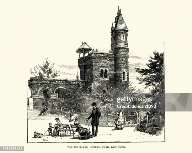 the belvedere, central park, new york, 19th century - belvedere castle manhattan stock illustrations