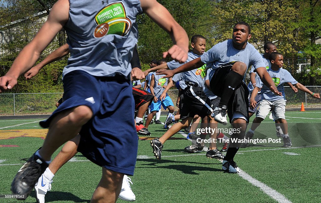 Football combines, like this one at MacNamara, place young