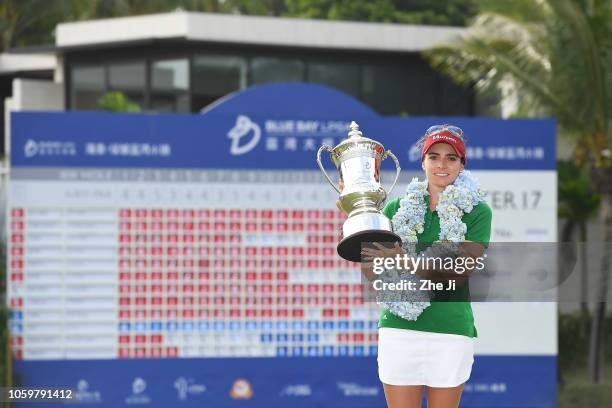 Gaby Lopez of Mexico celebrates after winning the Blue Bay LPGA on November 10, 2018 in Hainan Island, China.