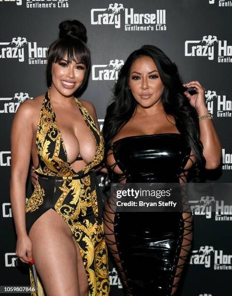 Webcam model BBBLove and adult film actress Kiara Mia attend a late-night party at the Crazy Horse III Gentlemen's Club on November 9, 2018 in Las...