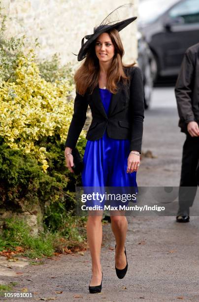 Kate Middleton attends Harry Meade & Rosie Bradford's wedding at the Church of St. Peter and St. Paul, Northleach, on October 23, 2010 in Cheltenham,...