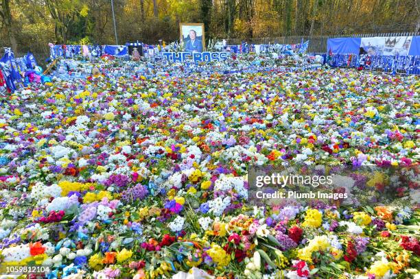 Floral tributes to the clubs late chairman Vichai Srivaddhanaprabha at King Power Stadium aheads of the Premier League match between Leicester City...