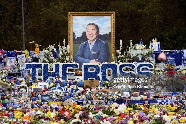 Tributes to Leicester City chairman Vichai Srivaddhanaprabha are seen outside the stadium prior to the Premier League match between Leicester City...