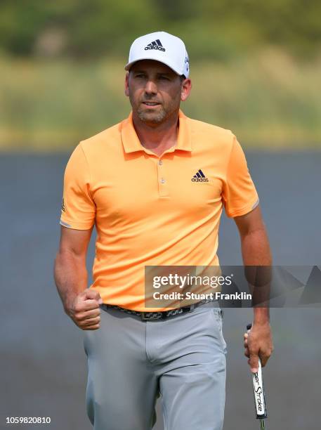 Sergio Garcia of Spain celebrates his putt on the 17th hole during the third round of the Nedbank Golf Challenge at Gary Player CC on November 10,...