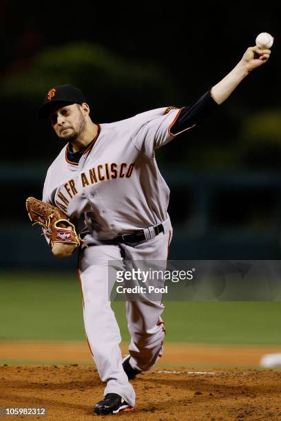 Jonathan Sanchez of the San Francisco Giants pitches against the Philadelphia Phillies in Game Six of the NLCS during the 2010 MLB Playoffs at...