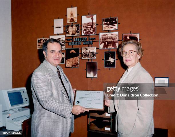 Space scientist, and mathematician Katherine Johnsonreceives an award at NASA Langley Research Center on February 4, 1985 in Hampton, Virginia.