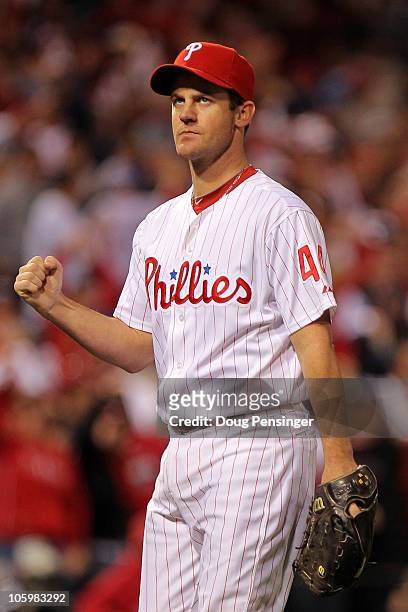 Roy Oswalt of the Philadelphia Phillies celebrates after ending the sixth inning against the San Francisco Giants in Game Six of the NLCS during the...