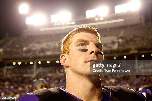 Quarterback Andy Dalton of the TCU Horned Frogs celebrates after TCU beat the Air Force Falcons 38-7 at Amon G. Carter Stadium on October 23, 2010 in...