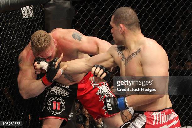 Cain Velasquez connects on a right to the face of Brock Lesnar in the first round during the heavyweight title bout during UFC 121 on October 23,...
