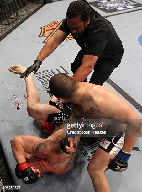 Referee Herb Dean stops the fight as Cain Velasquez defeats Brock Lesnar in the first round during the heavyweight title bout during UFC 121 on...