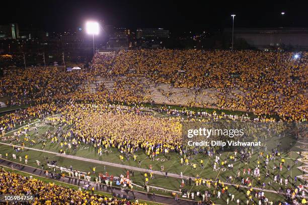 Missouri Tigers fans swarm the field after upsetting the Oklahoma Sooners at Faurot Field/Memorial Stadium on October 23, 2010 in Columbia, Missouri....