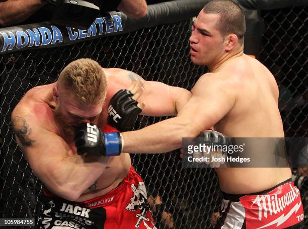 Cain Velasquez throws a punch as Brock Lesnar is against the fence in the first round during the heavyweight title bout during UFC 121 on October 23,...
