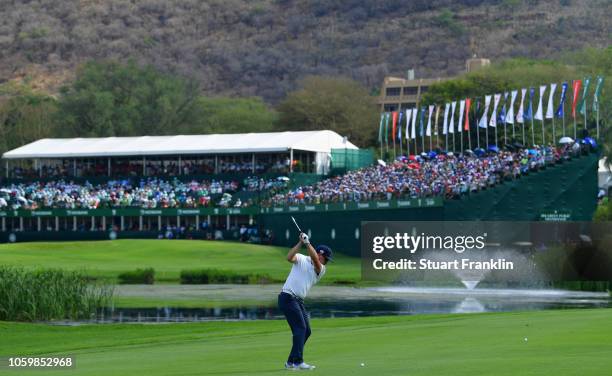 Mikko Korhonen of Finland plays a shot on the 18th hole during the third round of the Nedbank Golf Challenge at Gary Player CC on November 10, 2018...