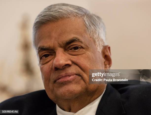 Ousted United National Party Prime Minister Ranil Wickremesinghe speaks from his office November 10, 2018 in Colombo, Sri Lanka. The political crisis...