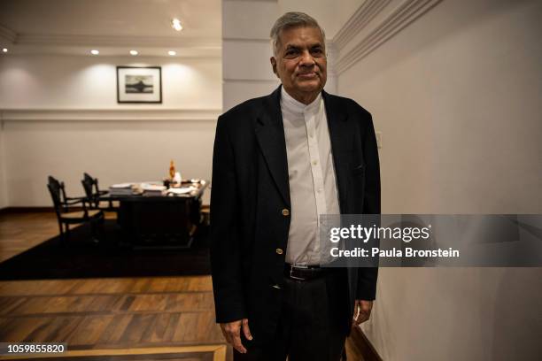 Ousted United National Party Prime Minister Ranil Wickremesinghe speaks from his office November 10, 2018 in Colombo, Sri Lanka. The political crisis...